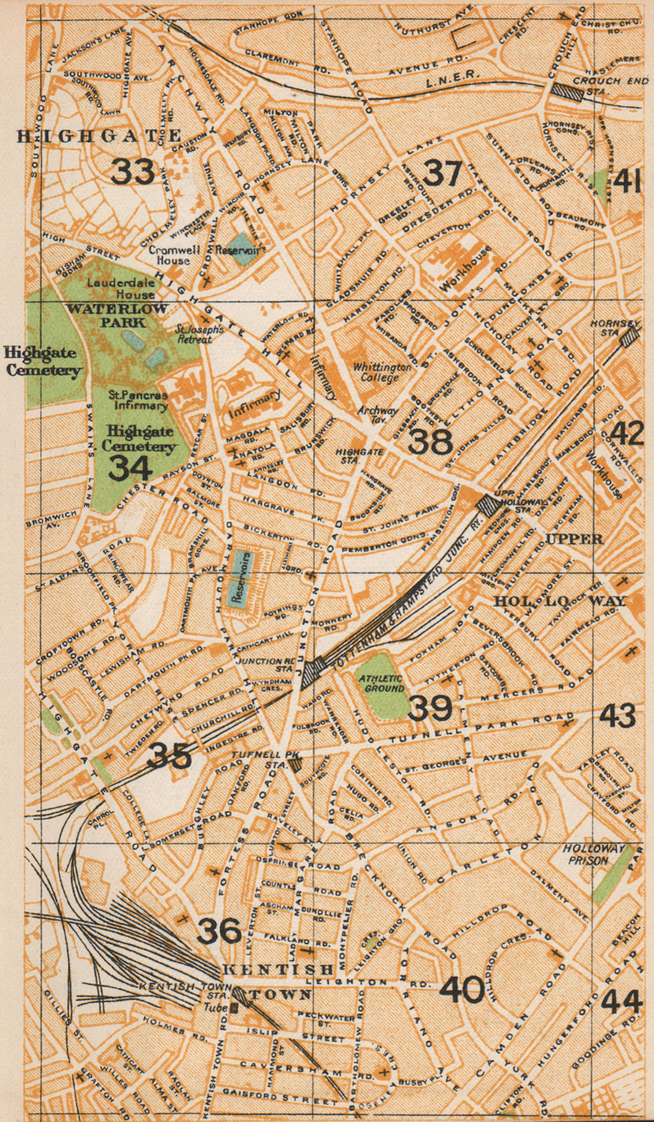 LONDON N. Kentish Town Archway Highgate Cemetery Tufnell Park Holloway 1935 map